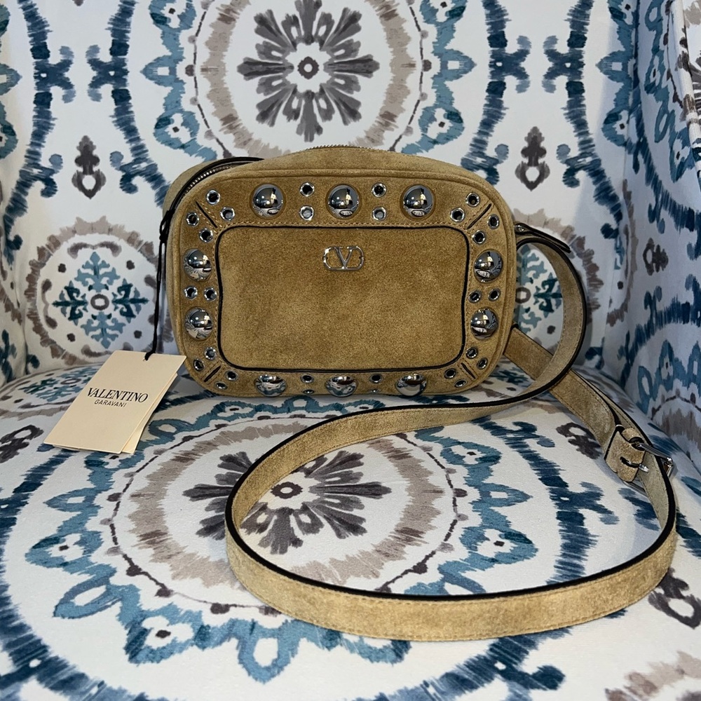 Valentino Gold Suede Crossbody Bag with Studs